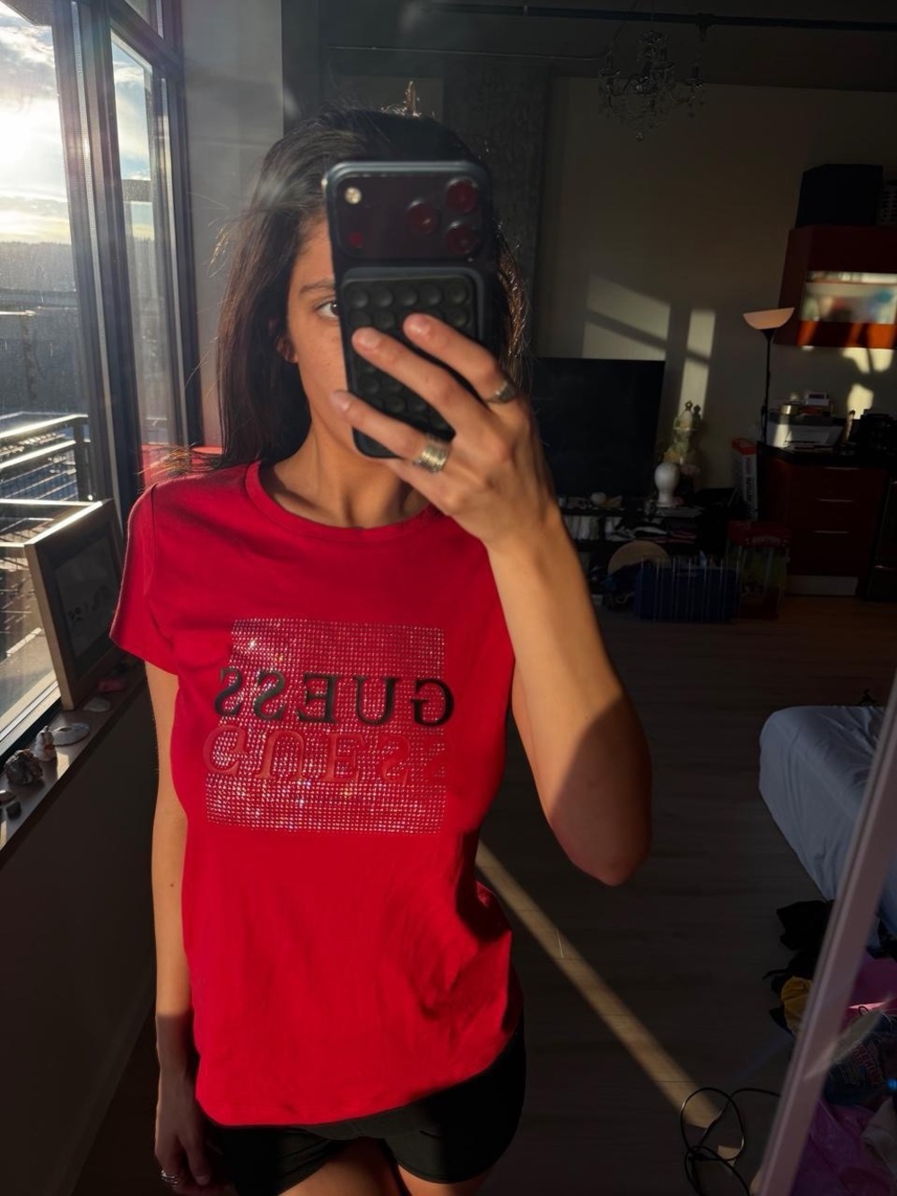 Guess Red Short Sleeve Tee with Rhinestone Logo Box